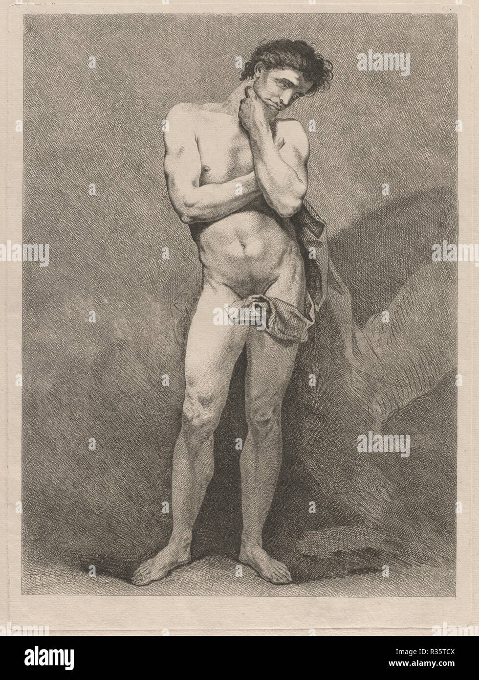 Standing Man in Pensive Pose. Dated: c. 1743. Dimensions: plate: 49.6 × 34.5 cm (19 1/2 × 13 9/16 in.)  plate: 39.4 × 29 cm (15 1/2 × 11 7/16 in.). Medium: etching on laid paper. Museum: National Gallery of Art, Washington DC. Author: Carle Van Loo. Carle (Charles André) Vanloo. Stock Photo