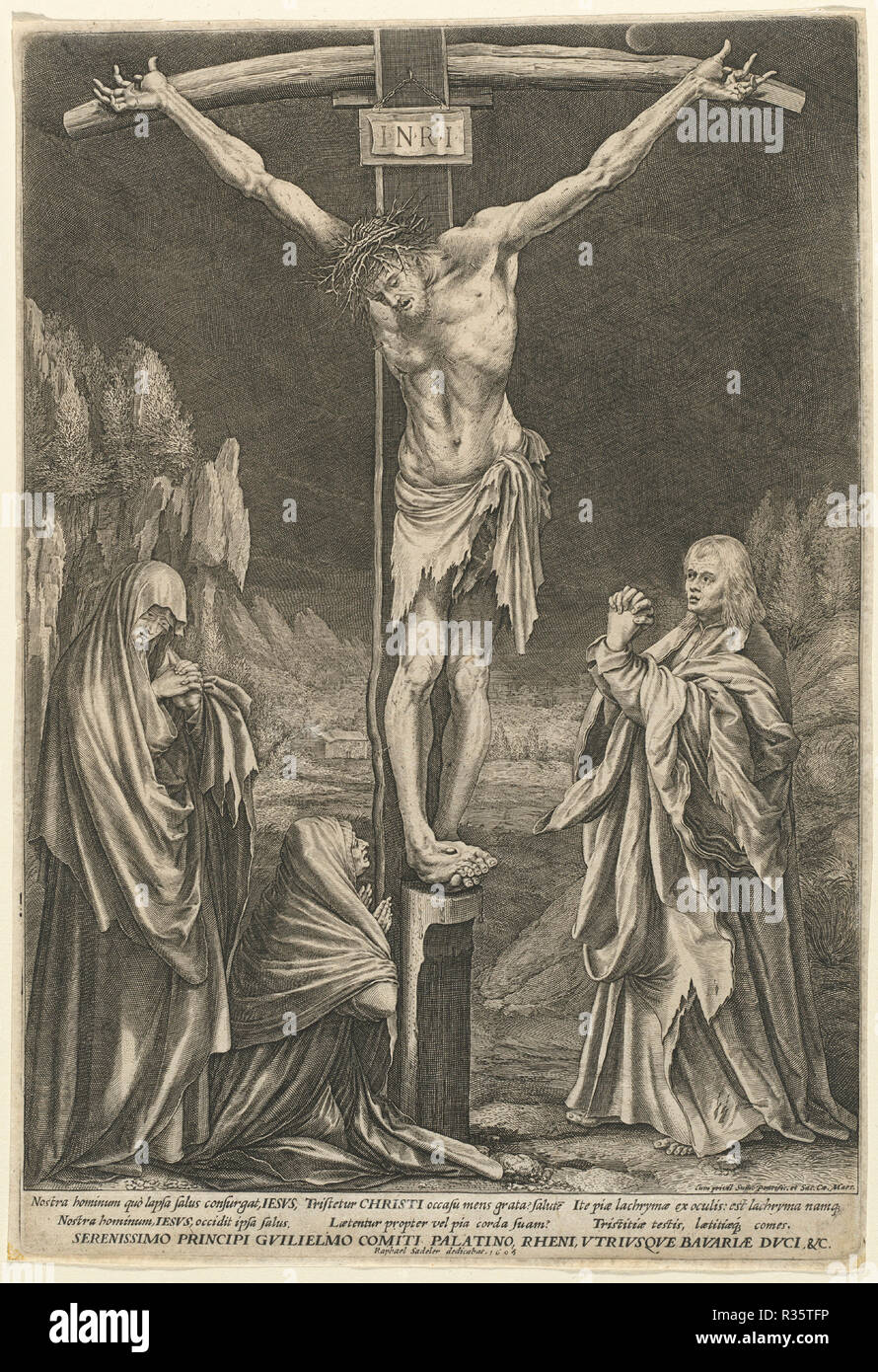 The Small Crucifixion. Dated: 1605. Medium: engraving. Museum: National Gallery of Art, Washington DC. Author: Raphael Sadeler I after Matthias Grünewald. Stock Photo