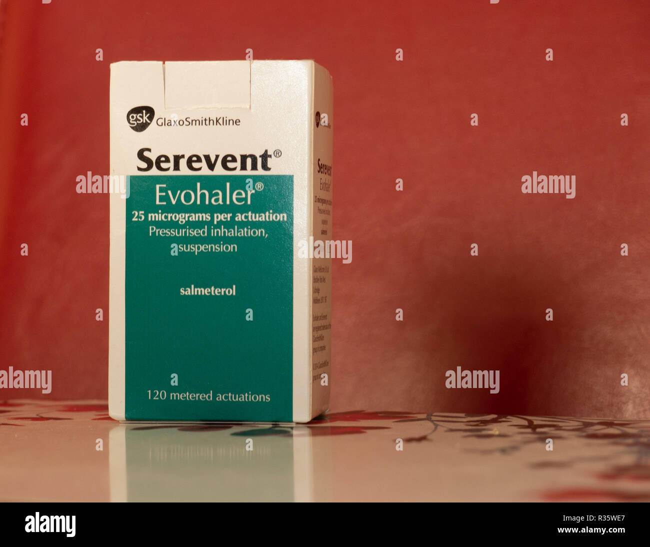 Serevent(r) inhaler box. Inhaler containing salmeterol for asthma and copd relief. Long lasting. Stock Photo