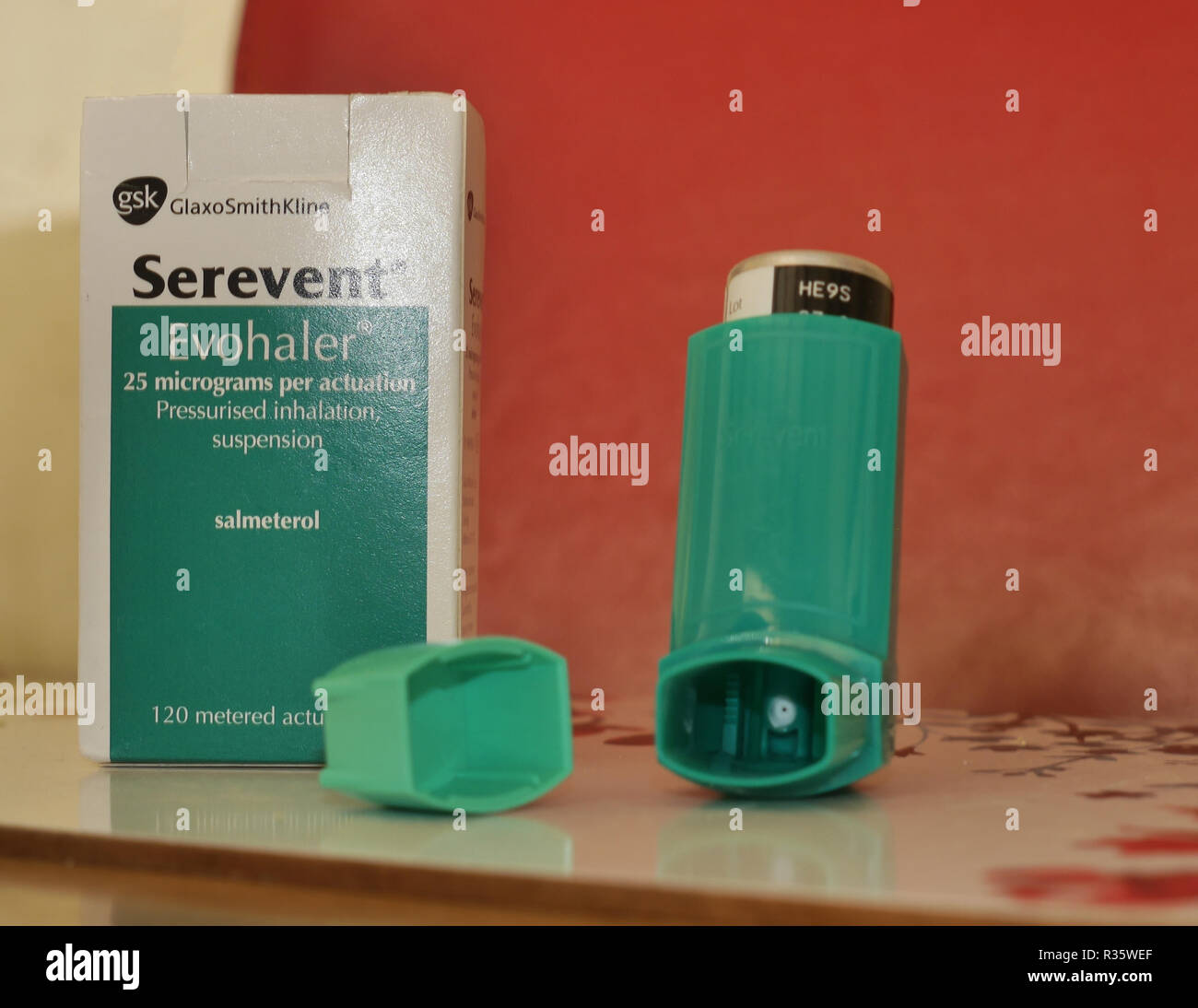 Serevent(r) evohaler box. Inhaler containing salmeterol for asthma and copd relief. Long lasting. Shown pout of box with protective end cap removed. Stock Photo
