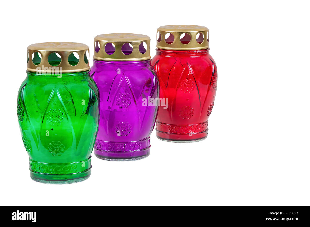 colored votive candles on white background Stock Photo Alamy