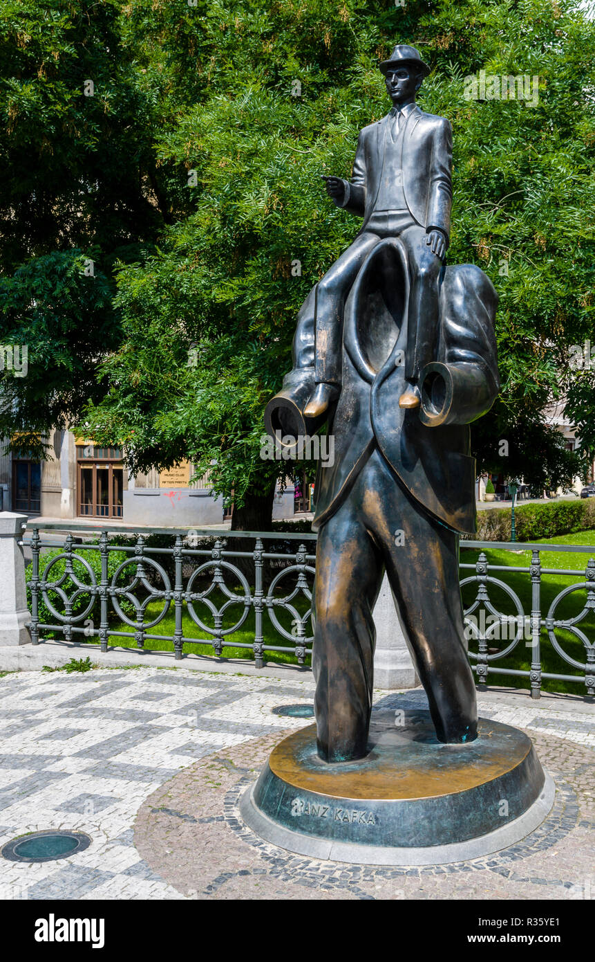 Franz Kafka monument in the Dusni Street, next to the Spanish synagogue, made by the sculptor Jaroslav Rona Stock Photo