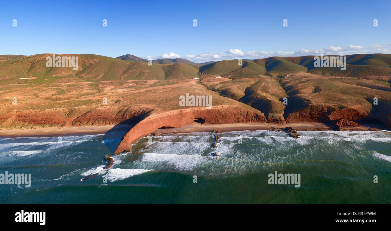 Aerial view on Legzira beach with arched rocks on the Atlantic coast in Morocco Stock Photo