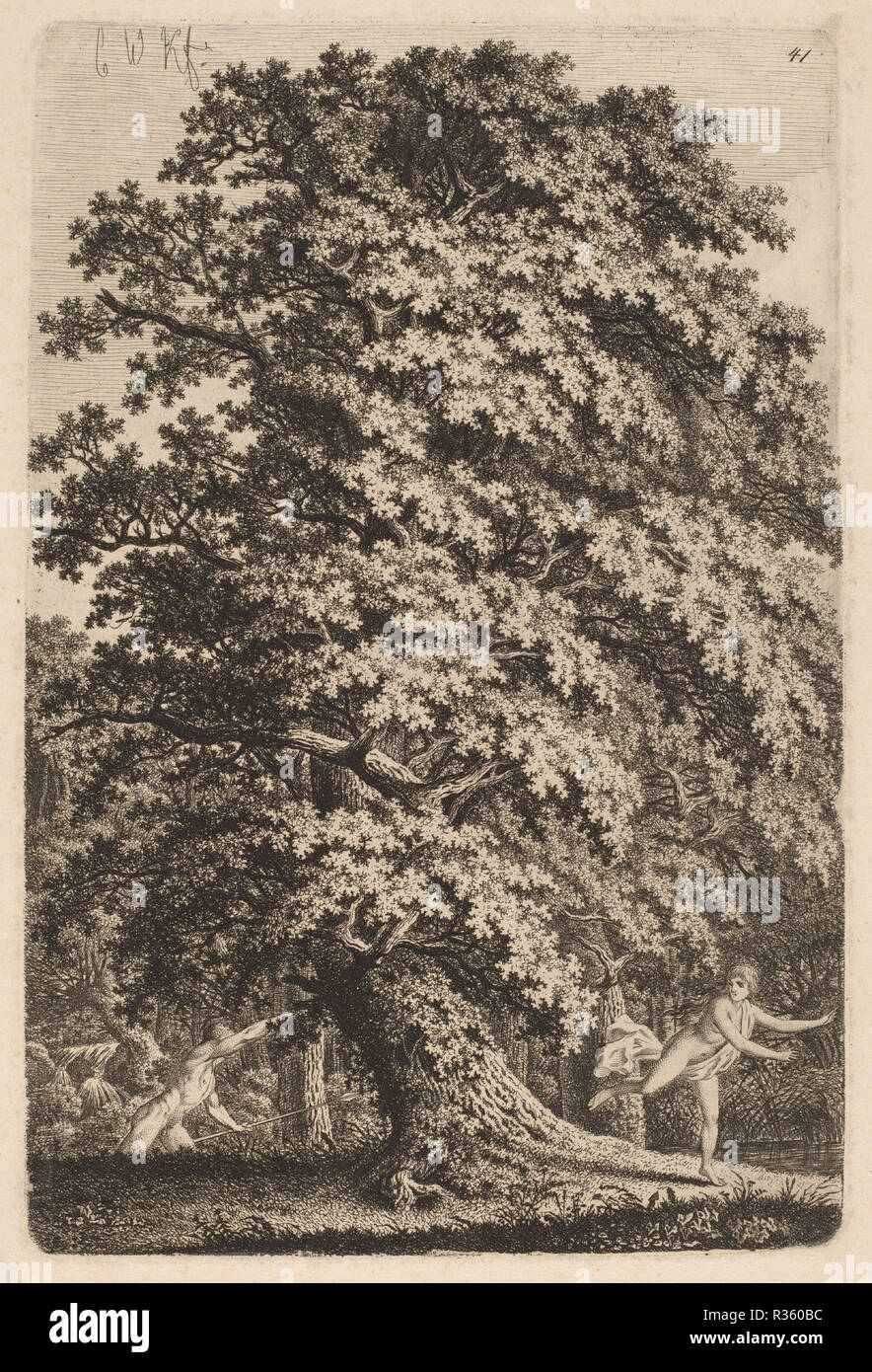 A Large Oak Tree in Gehölz. A Young Man with a Spear Follows a Young Girl. Dated: c.1800. Dimensions: plate: 26.4 x 17.5 cm (10 3/8 x 6 7/8 in.)  sheet: 29.7 x 21.7 cm (11 11/16 x 8 9/16 in.). Medium: etching on laid paper. Museum: National Gallery of Art, Washington DC. Author: Carl Wilhelm Kolbe. Stock Photo