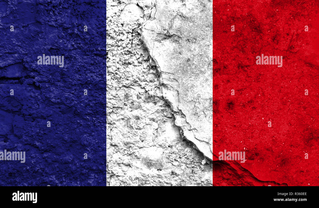 Flag of France close up painted on a cracked wall, concept of armed ...