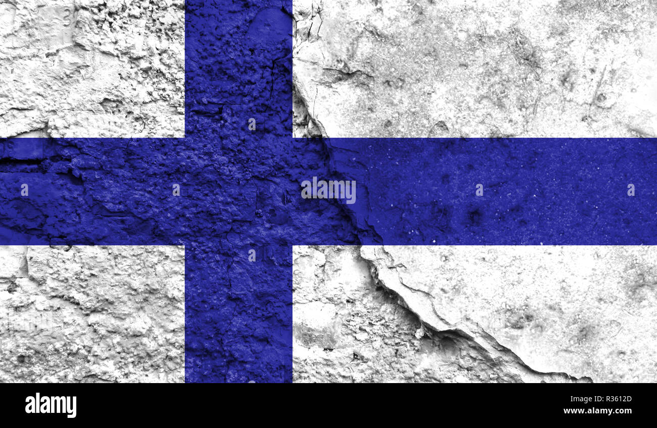 Flag of Finland close up painted on a cracked wall, concept of armed ...