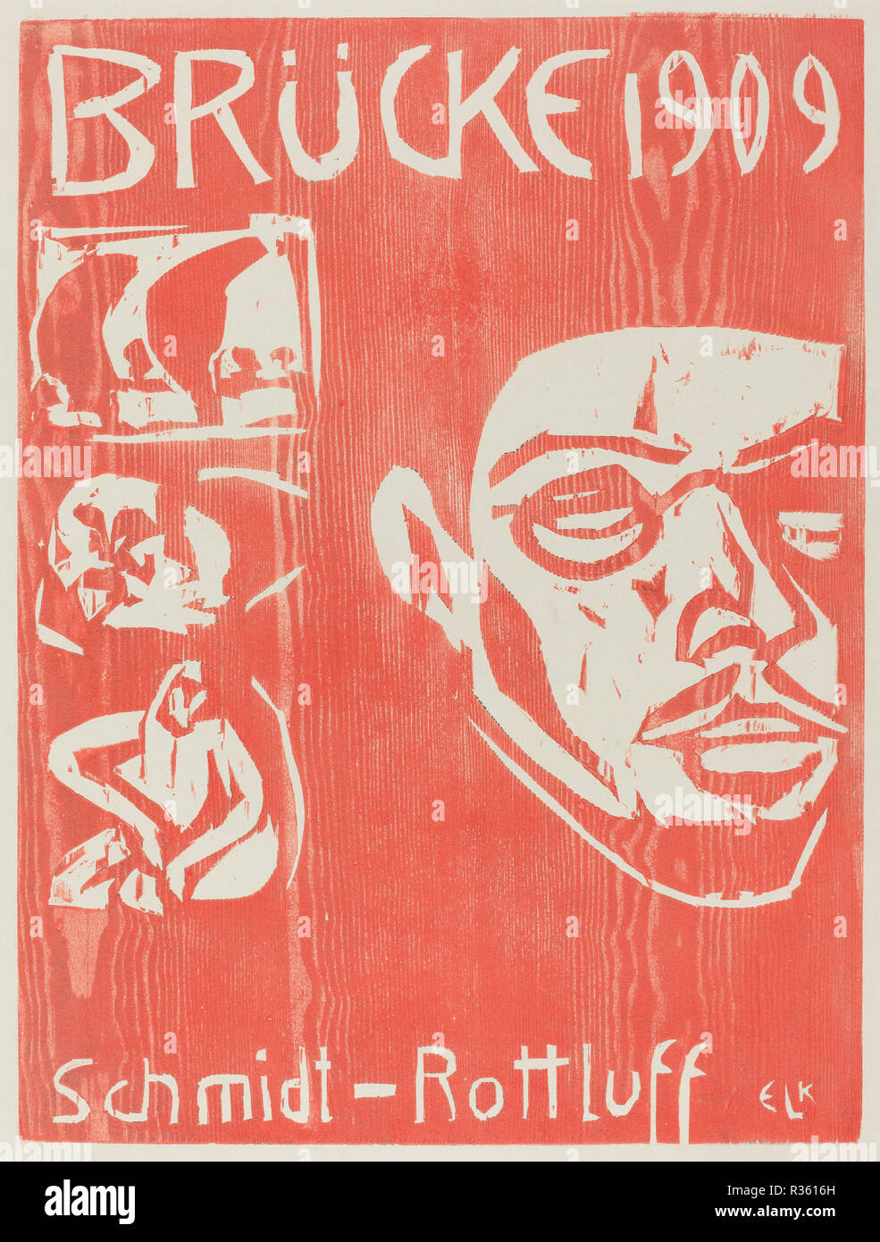 Cover of the Fourth Yearbook of the Artist Group the Brucke. Dated: 1909. Medium: woodcut in red. Museum: National Gallery of Art, Washington DC. Author: ERNST LUDWIG KIRCHNER. Stock Photo