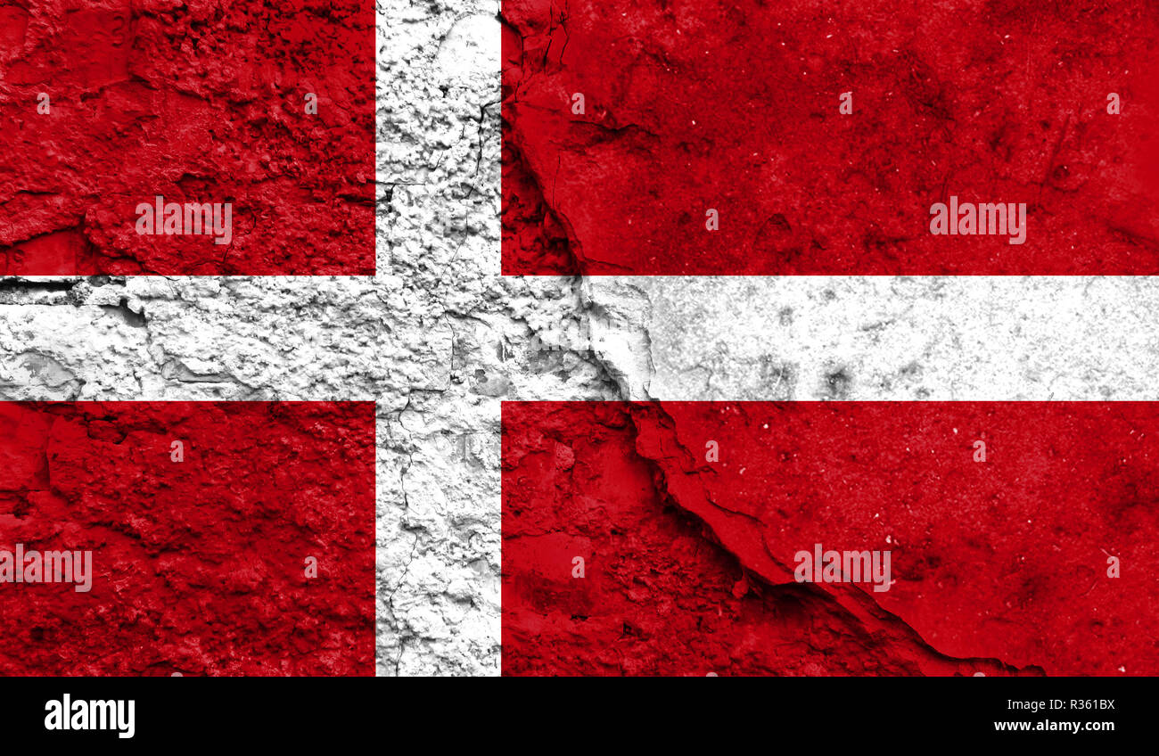 Flag of Denmark close up painted on a cracked wall, concept of armed ...