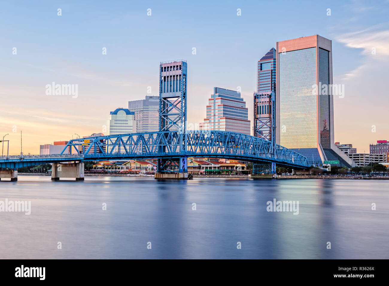 Skyline of Jacksonville, FL and Main Street Bridge Stock Photo