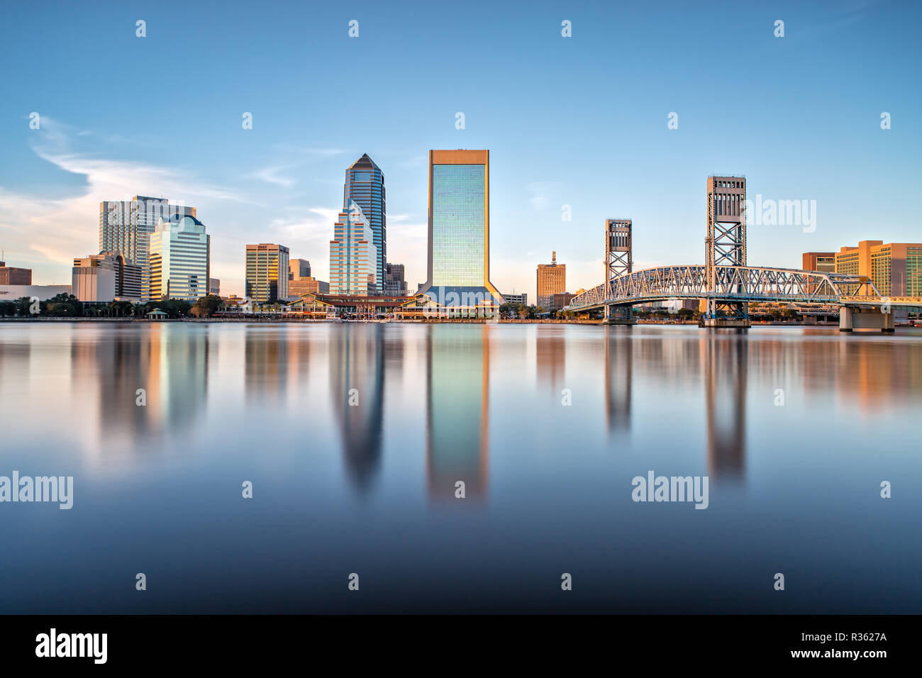 Skyline of Jacksonville, FL and Main Street Bridge Stock Photo