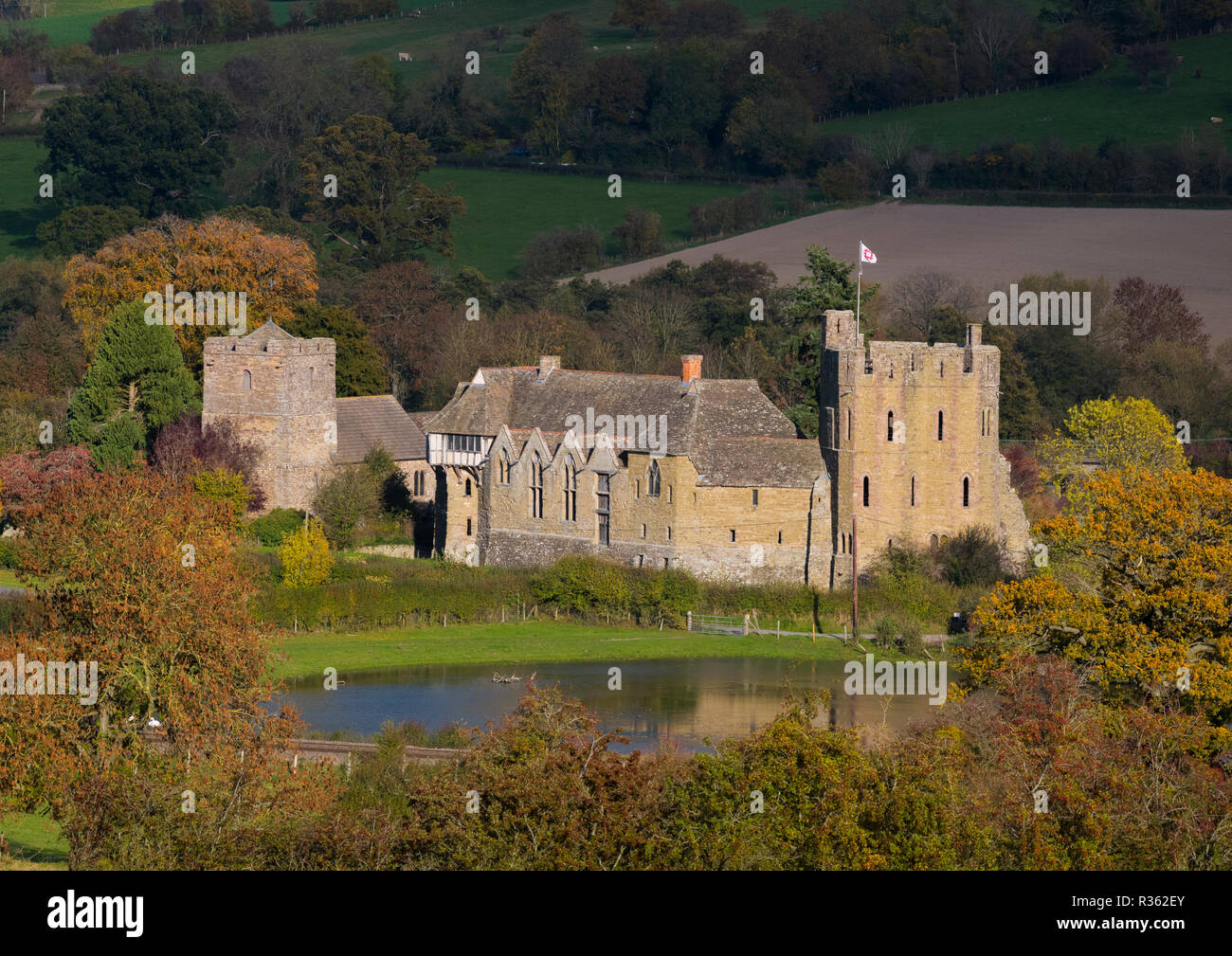 Autumn sunshine on Stokesay Castle, Shropshire. Stock Photo