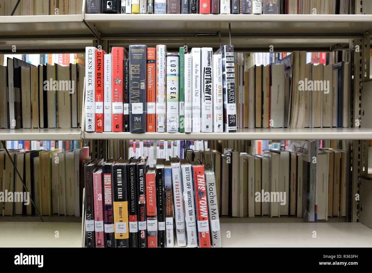 Books on a shelf at a public library displaying titles and Dewey