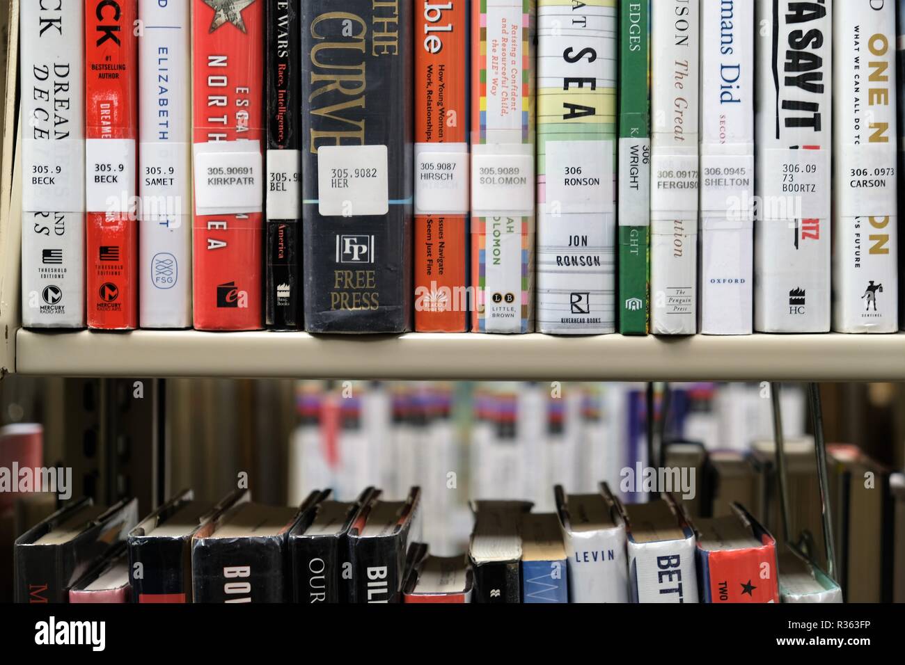 Books on a shelf at a public library displaying Dewey decimal numbers on spine Stock Photo Alamy
