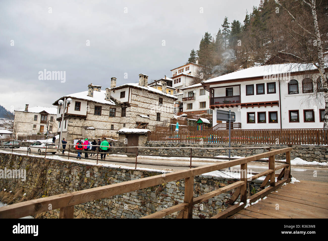 South Bulgarian village Shiroka Laka in Smolyan municipality, an architectural and folklore reserve in the central Rhodope Mountains, Bulgaria, March  Stock Photo