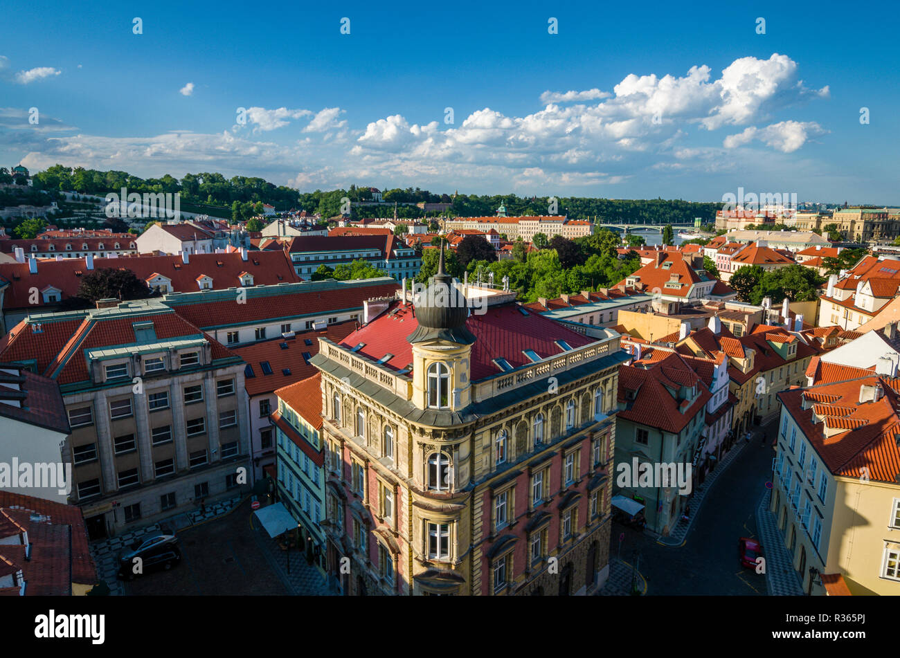 Looking down from the northern gate of the historic bridge 'Karlův most', the Charles Bridge towards east Stock Photo