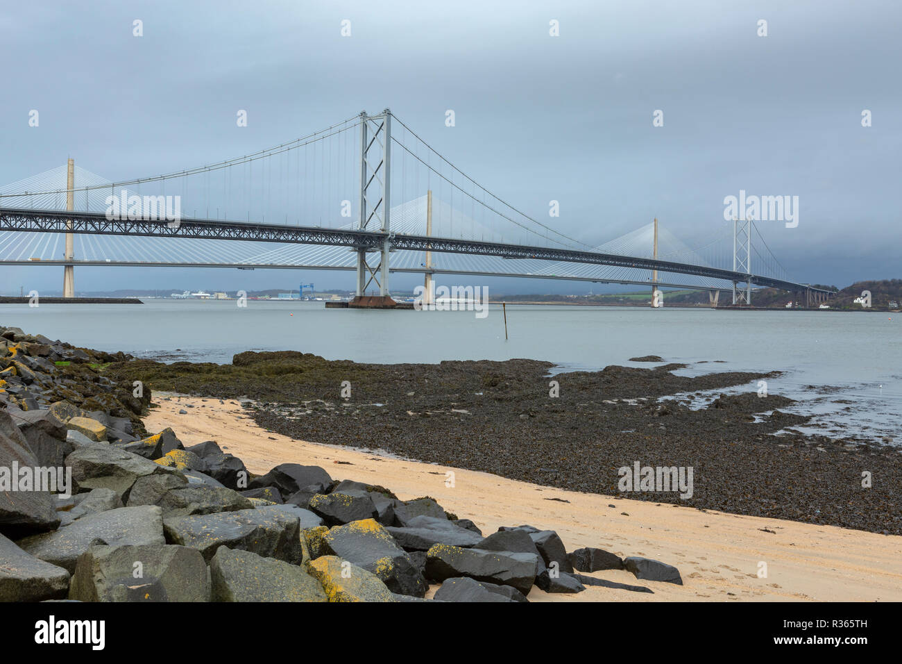 The Forth Road Bridge and the Queensferry Crossing from South Queensferry, Edinburgh, Scotland Stock Photo