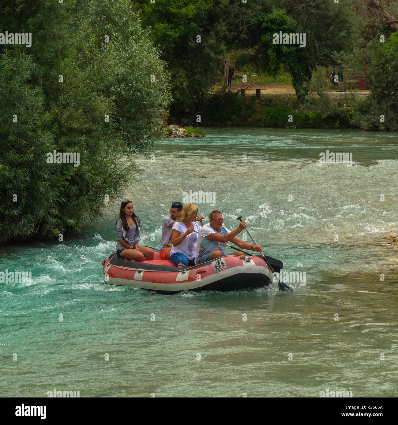 Tourists White water rafting on the River Acheron without life jackets Preveza region,Epirus Zaloggo,Greece Stock Photo