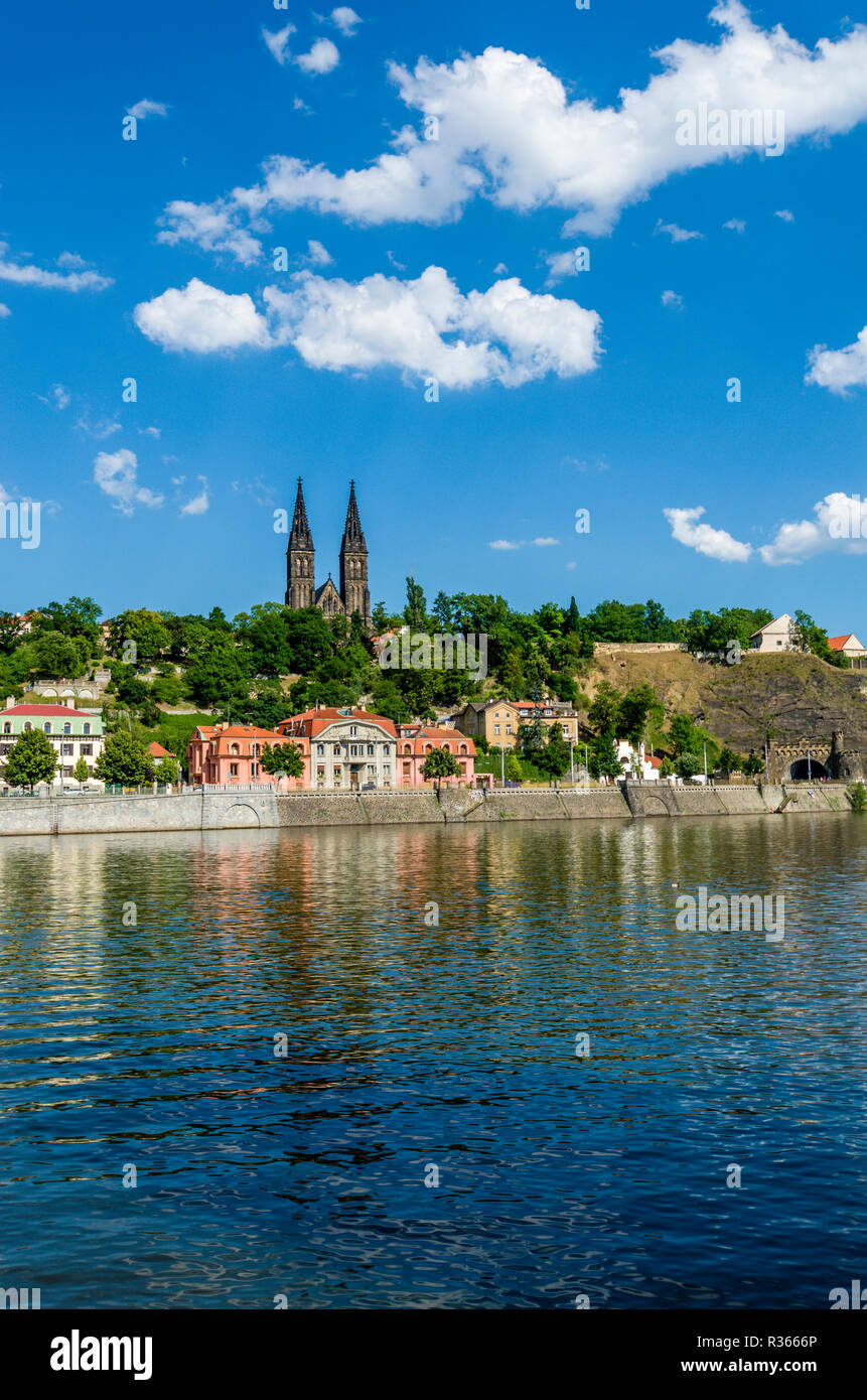 'Vyšehrad' with the Church of St. Peter and Paul, seen across  the the river 'Vltava' Stock Photo