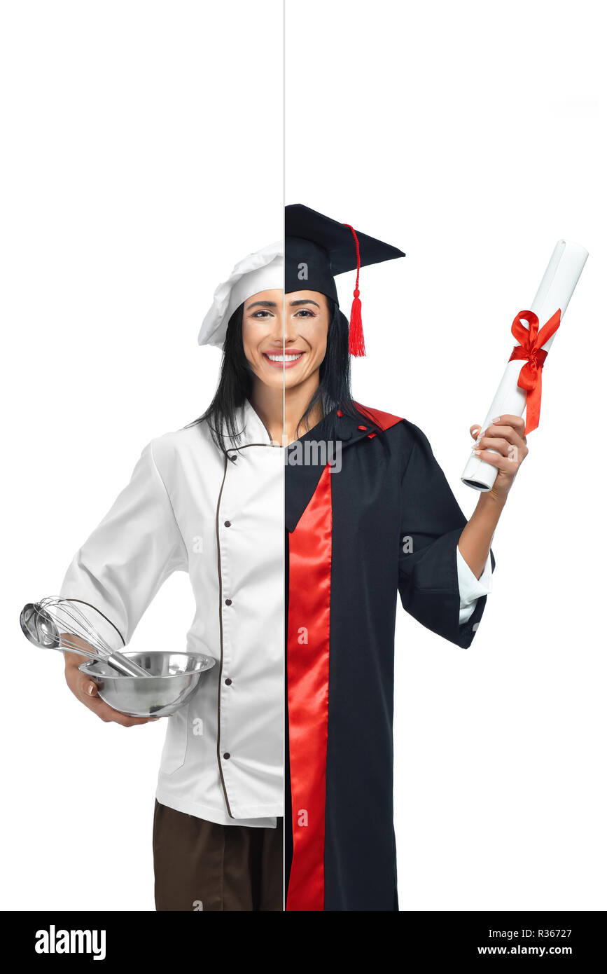 Young woman in two occupations of chef and graduate student isolated on white background. Cook wearing in white coat, holding bowl with tools. Other side graduate wearing mantle and holding diploma. Stock Photo