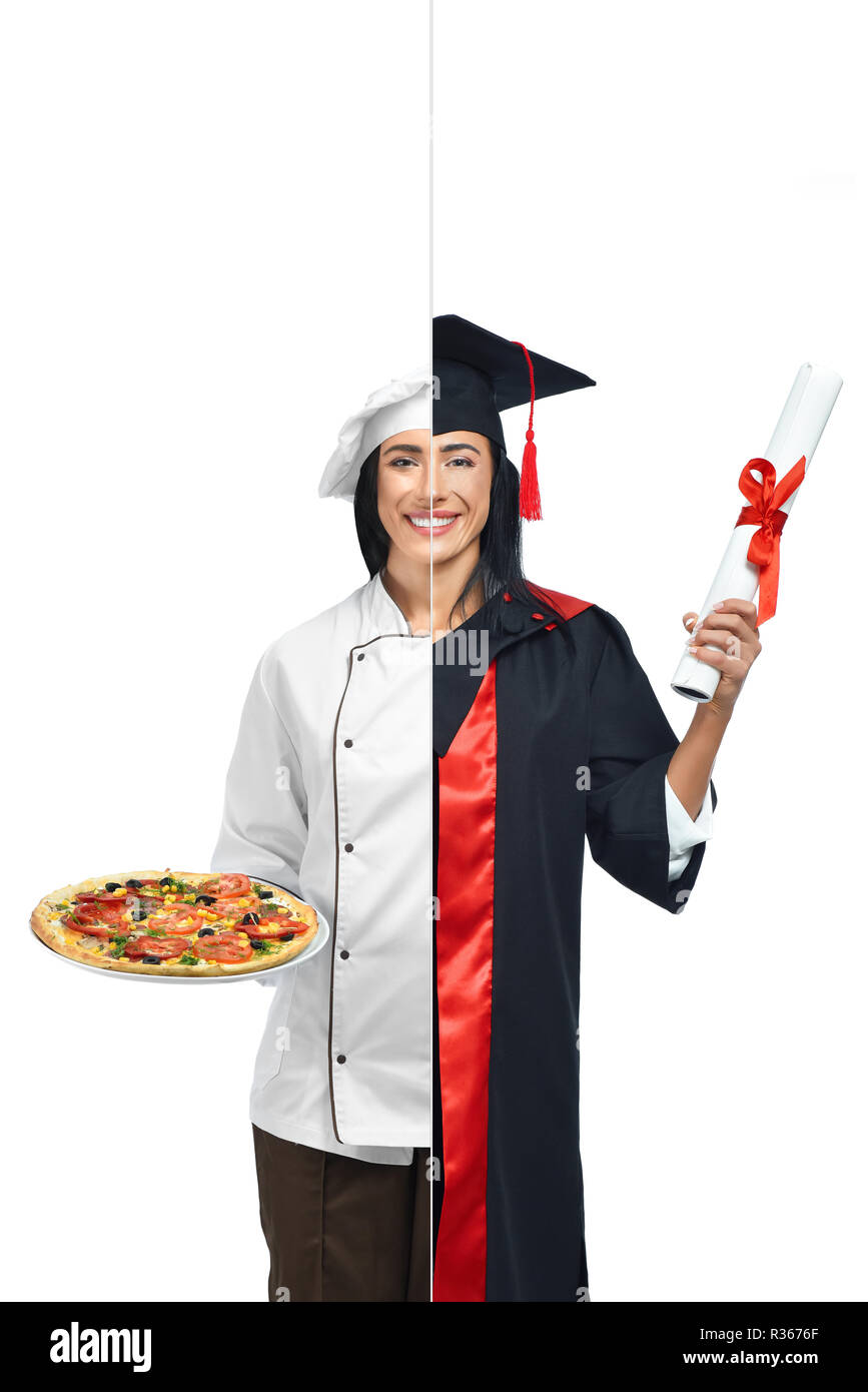 Cute girl in two occupations of pizza maker and university graduate isolated on white background. Student graduate wearing mantle and holding diploma and pizza maker in uniform holding pizza on plate. Stock Photo