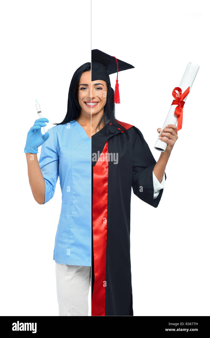 Cheerful woman in two occupations of nurse and university graduate isolated on white background. Happy nurse in uniform with syringe in hand and student graduate wearing mantle and holding diploma. Stock Photo
