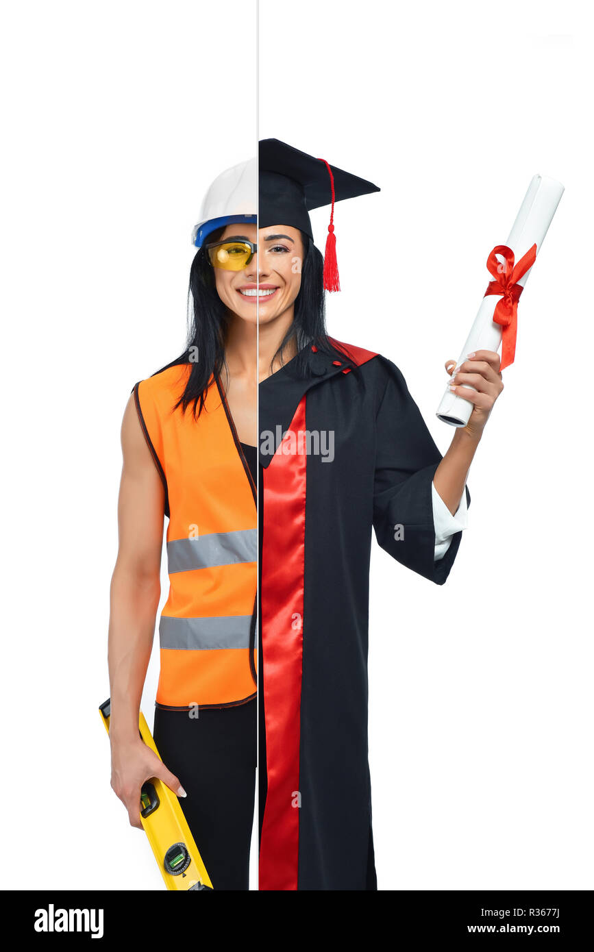 Young girl in two occupations of builder and proud graduate isolated on white background. Student graduate wearing mantle, holding diploma and builder wearing helmet and orange vest, holding checker. Stock Photo