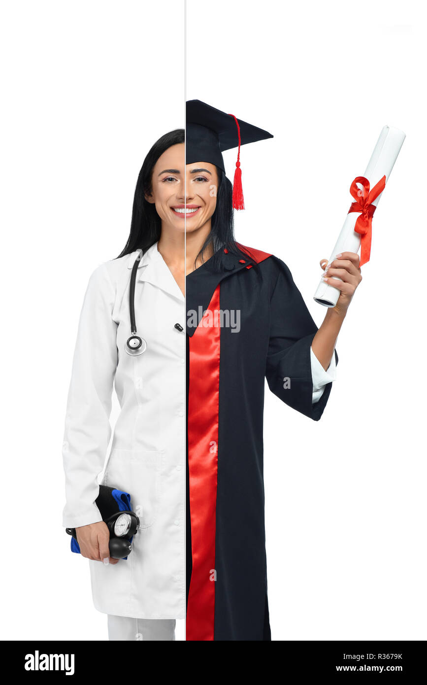 Smart girl in two occupations of doctor and graduate isolated on white background. One side student graduate in mantle and holding diploma, doctor in white coat with pressure gauge and stethoscope. Stock Photo