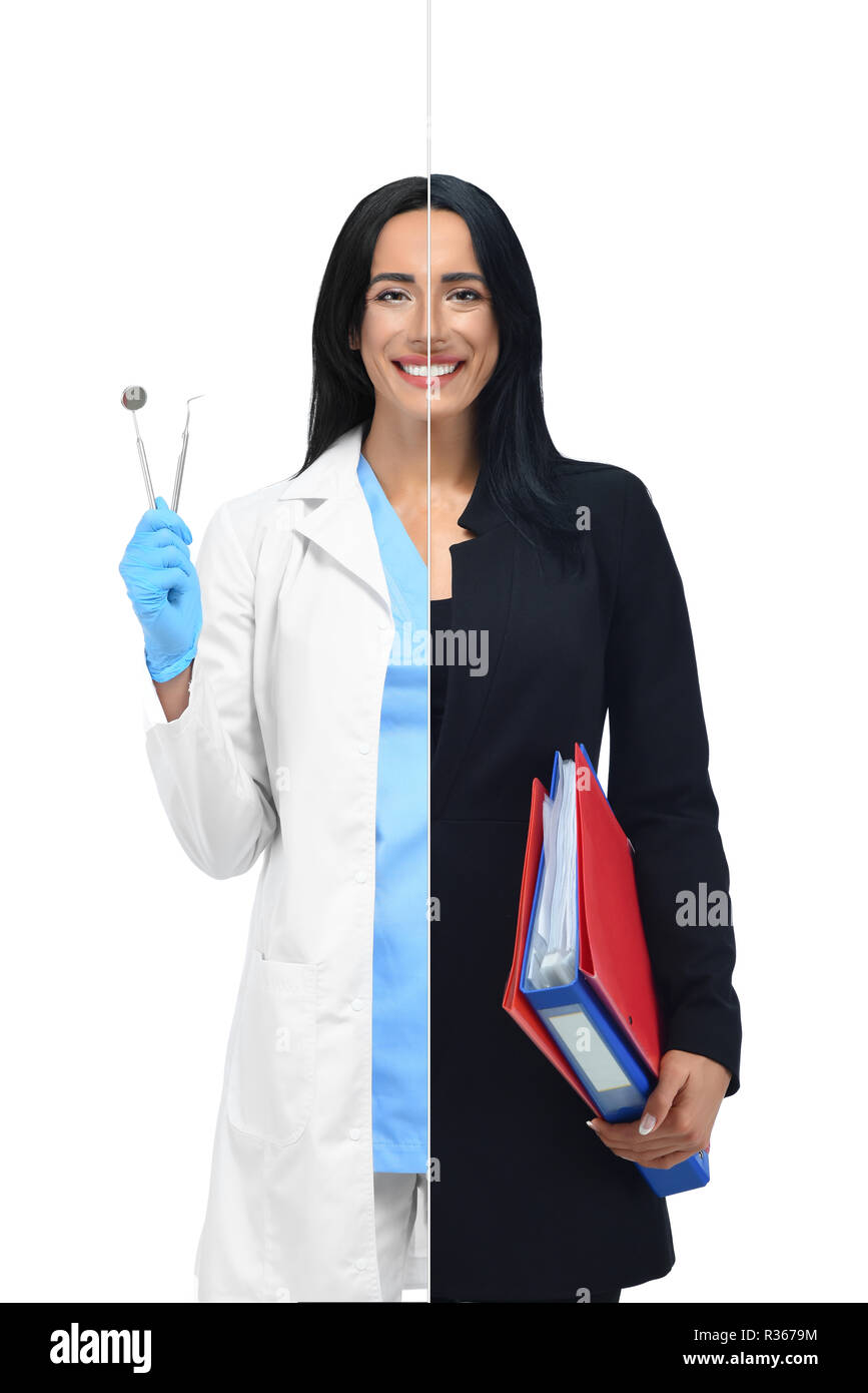 Smart girl in two occupations of dentist and businesswoman isolated on white background. One
