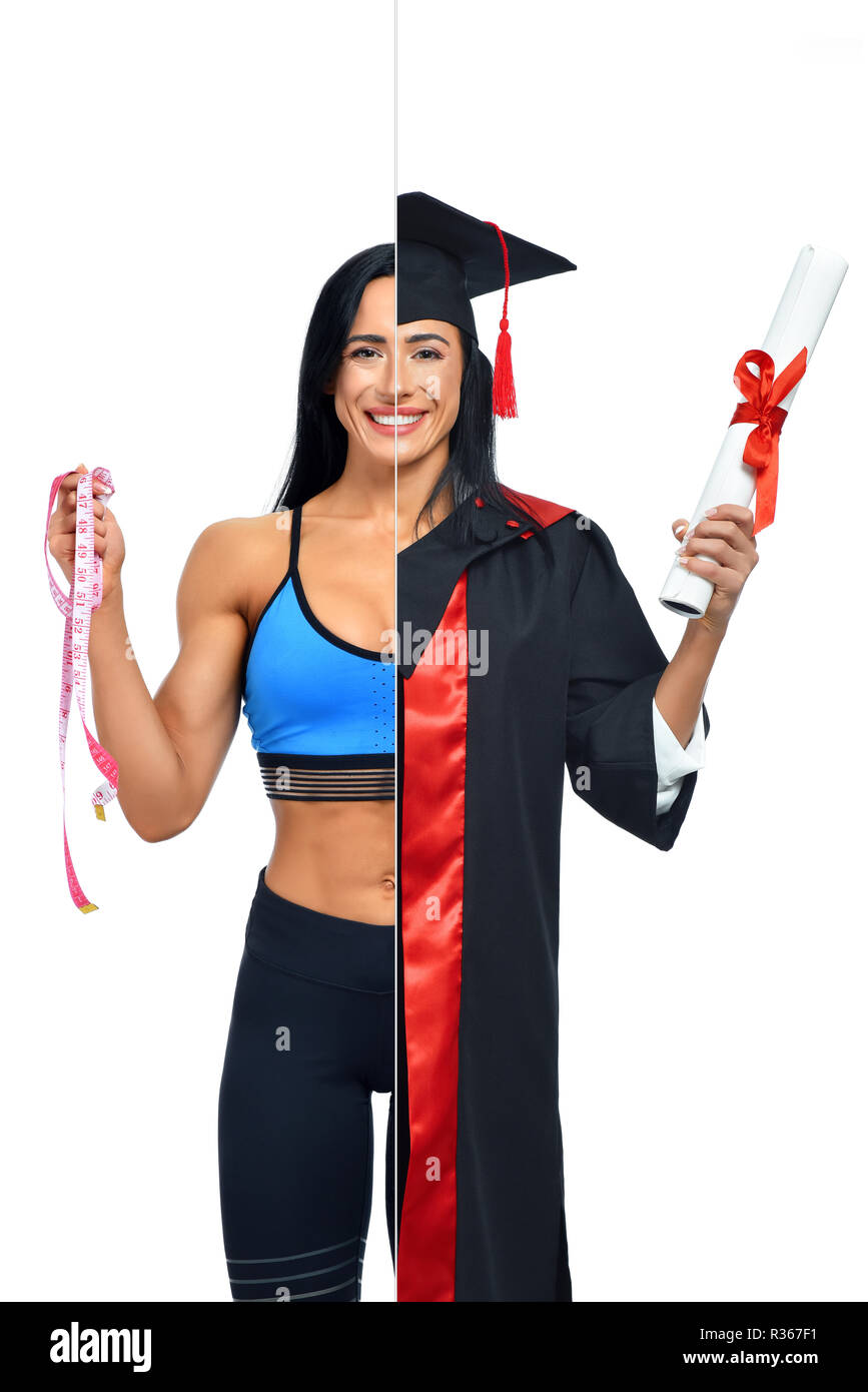 Sporty woman in two occupations of fitness trainer and university graduate isolated on white background. Student graduate wearing mantle and holding diploma and fitness coach holding measuring tape. Stock Photo