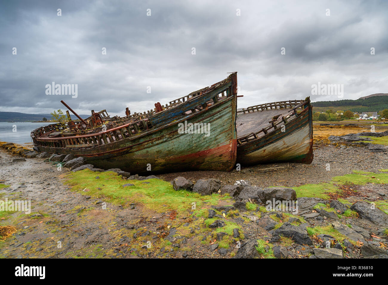 Beached fishing boats on the shore at Salen on the Isle of Mull Stock Photo