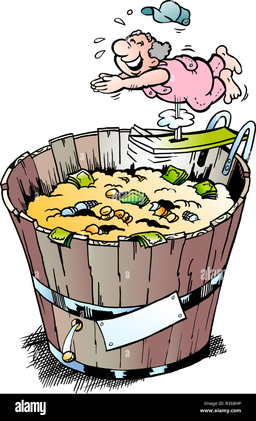 Cartoon Vector illustration of a rich pensioner who took a bath in his money bin Stock Photo