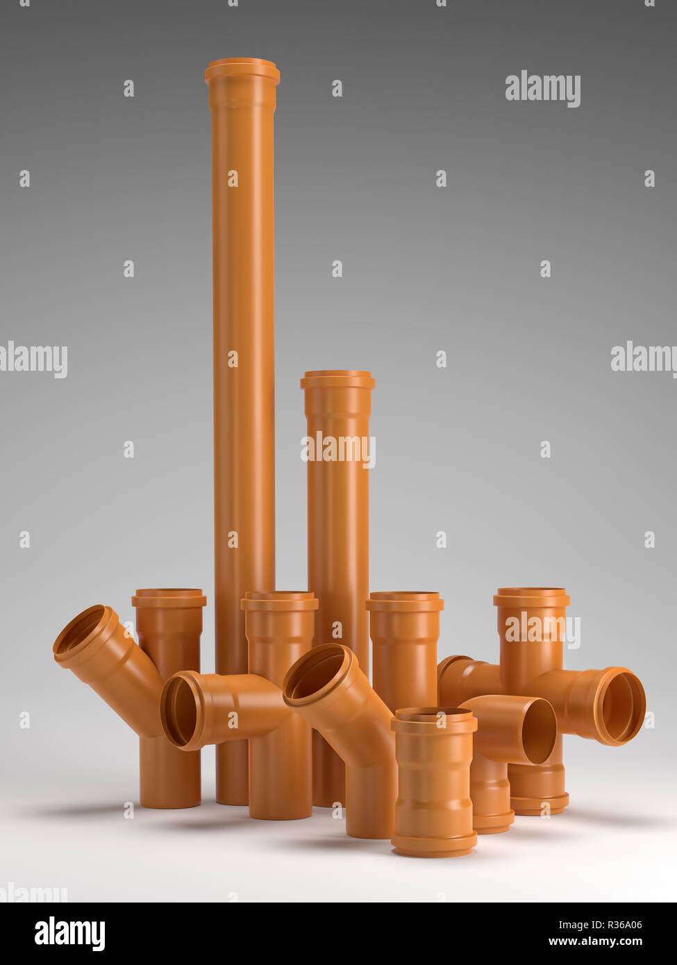 Set of orange PVC sewage pipe fittings Stock Photo