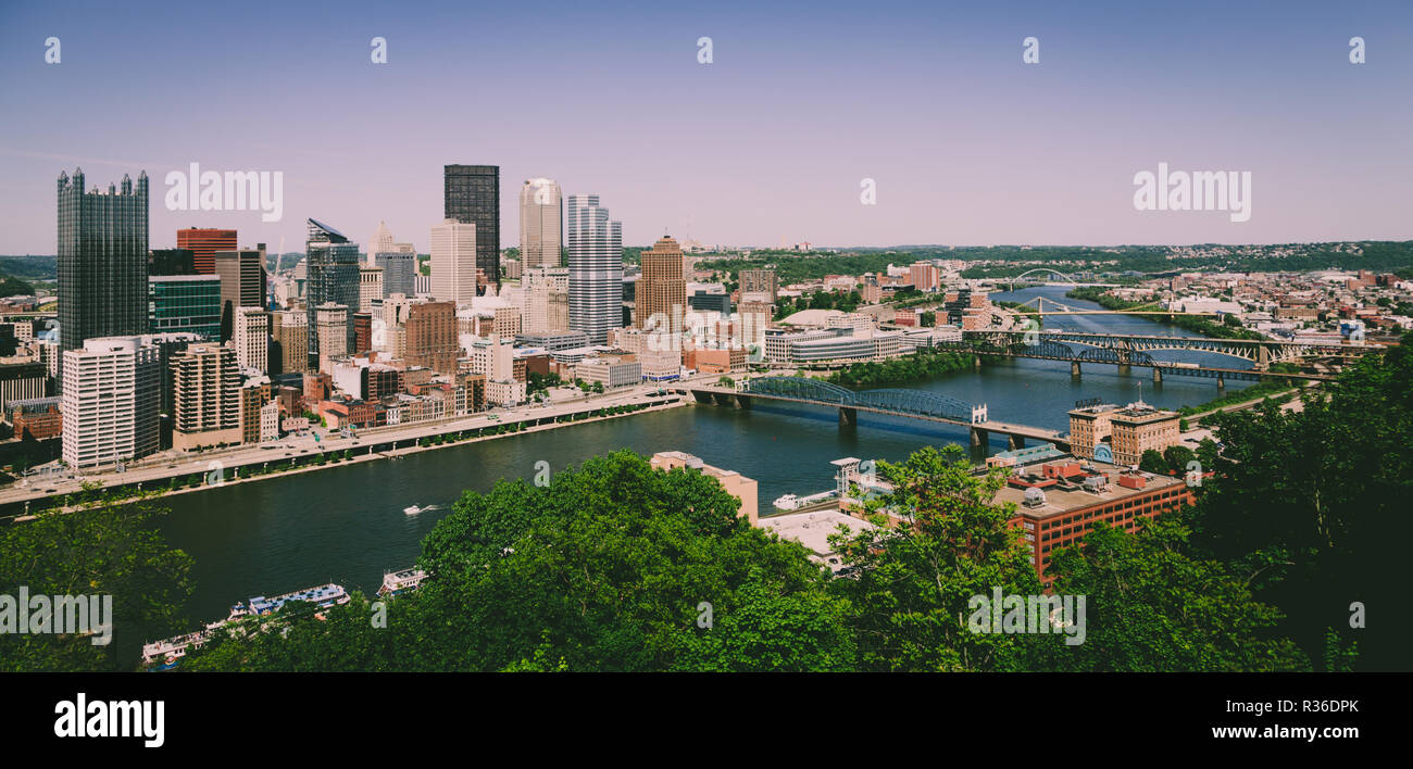 View of downtown Pittsburgh skyline from Monongahela River Stock Photo