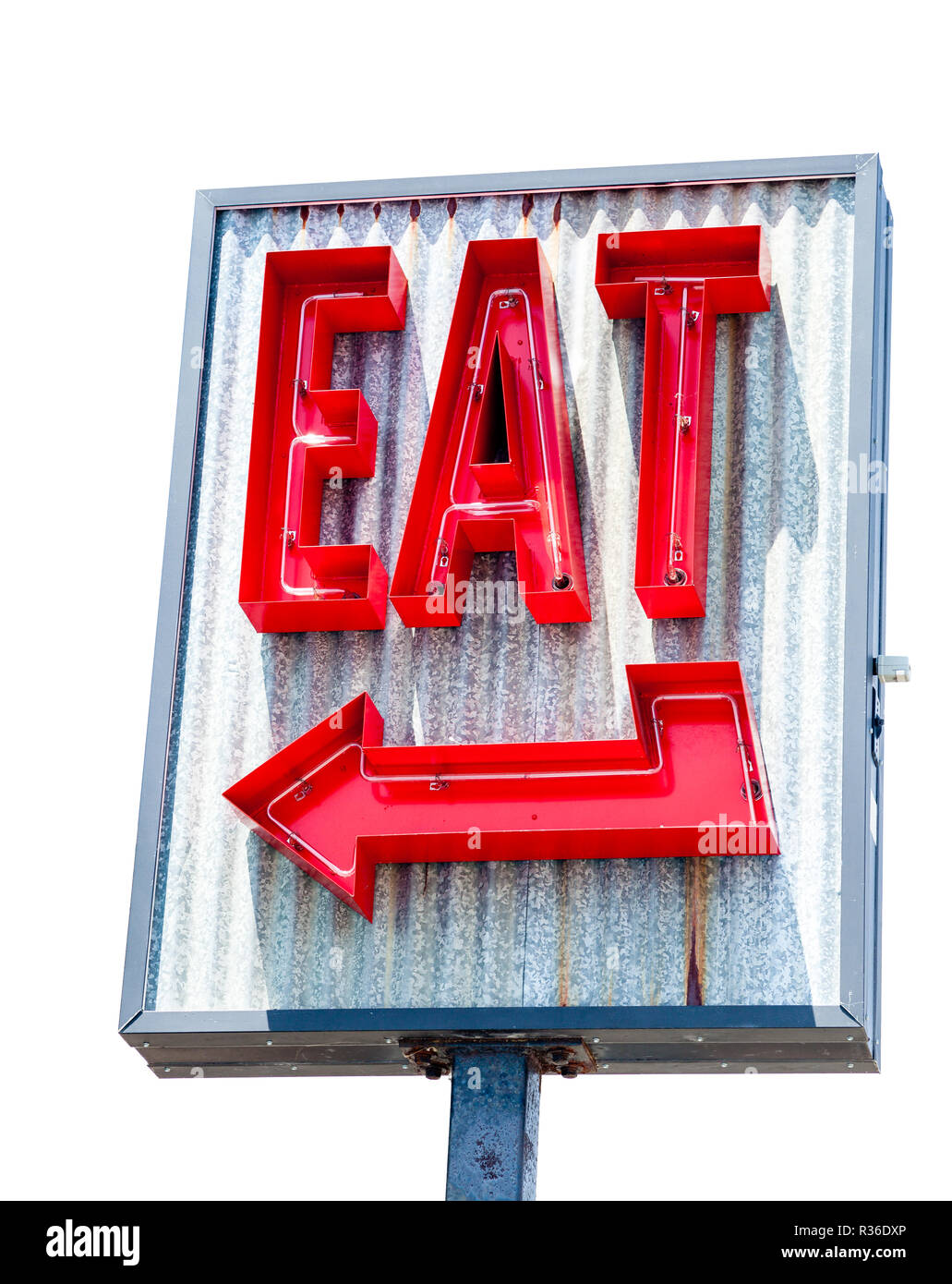 Restaurant sign reading Eat isolated on white background Stock Photo