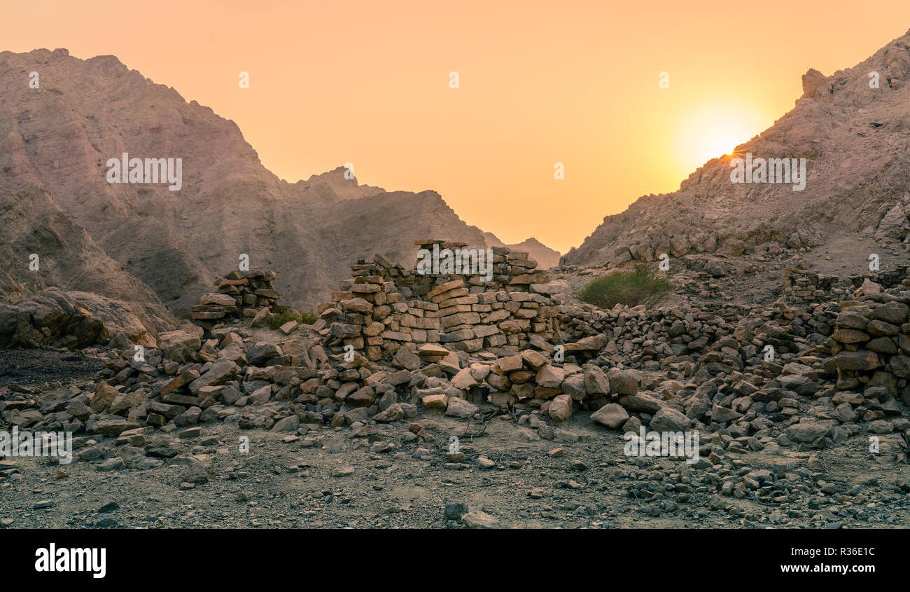 Ruins of an ancient village in the mountains of Ras Al Khaimah, UAE Stock Photo