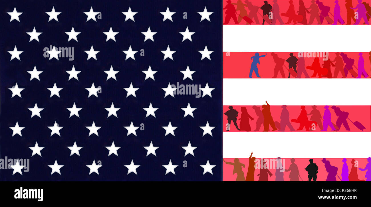 A whole population goes through the red stripes of the United States flag. Illustration. Stock Photo