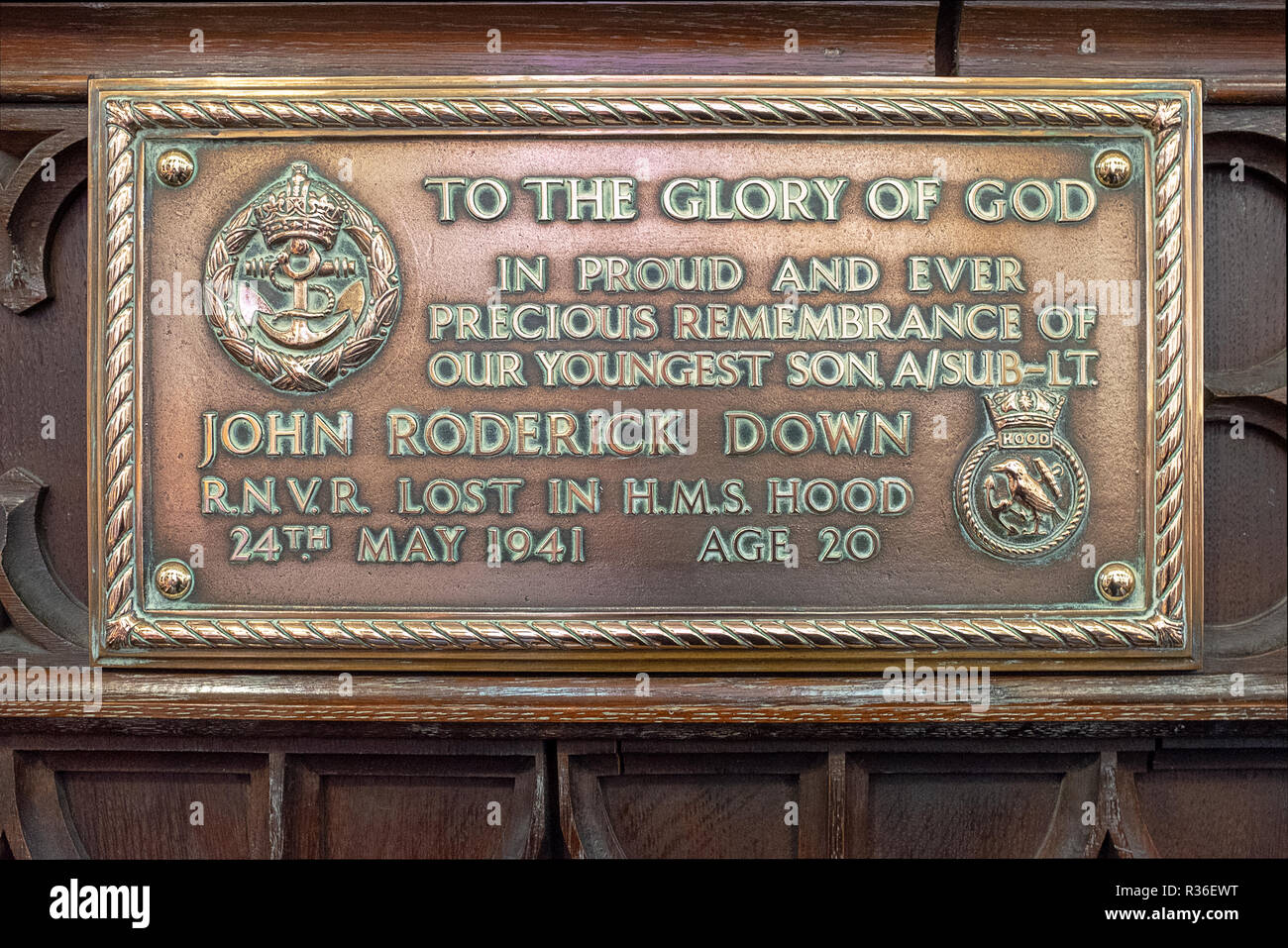 Plaque memorialising Sub-Lt John Roderick Down lost with the sinking of HMS Hood 24th May 1941 Stock Photo