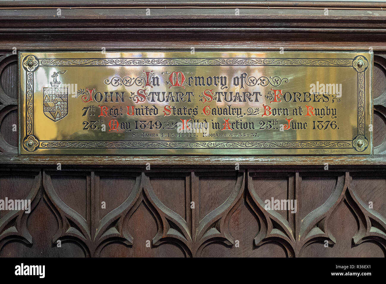 Plaque to Scot John Stuart Stuart Forbes who fought & died as Trooper Hiley with Custer at the Little Big Horn Stock Photo