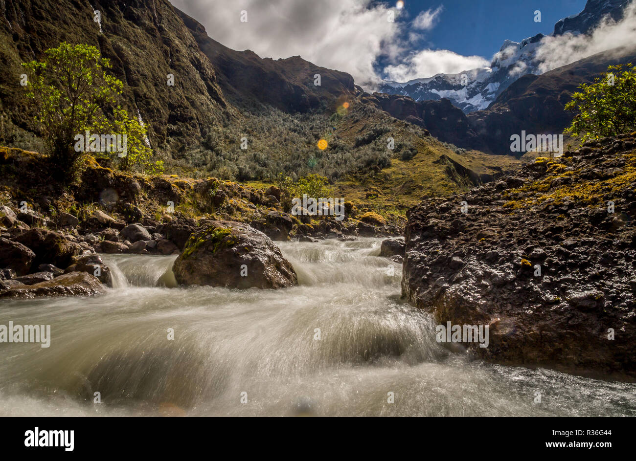 River in the Andes at El Altar Volcano in Ecuador. The Andean landscape near Banos in Ecuador is superb, from volcanic glaciers rivers flow through th Stock Photo