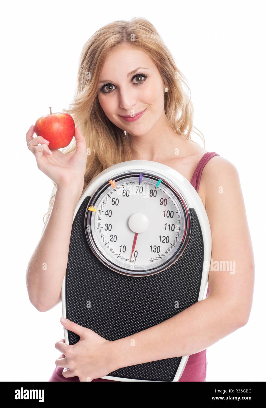 woman with scales and apple Stock Photo