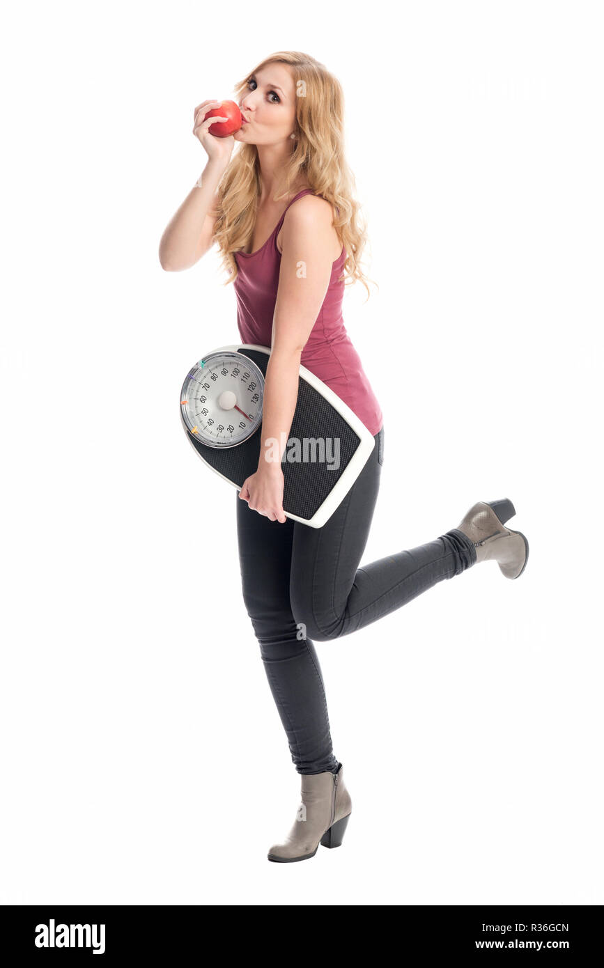 woman with scales and apple Stock Photo