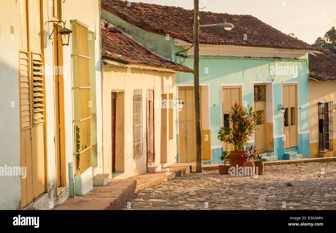 Colonial Street in Sancti Spiritus, Cuba: Located near popular Trinidad, Sancti Spiritus still is an insider tip for tourists looking for beautiful co Stock Photo