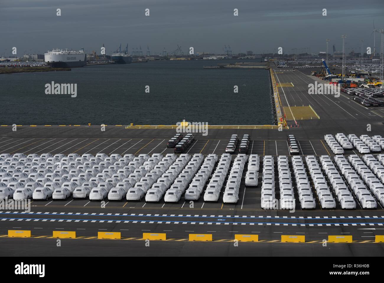 October 23, 2018 Zeebrugge, Belgium Hundreds of new cars are parked