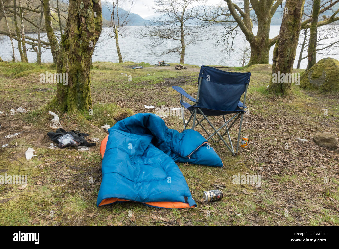 Loch Lomond Wild Camping Litter Problems Abandoned Campsite Sleeping Bag Chairs Rubbish On East Shore Just Outside Camping Management Zone Stock Photo Alamy