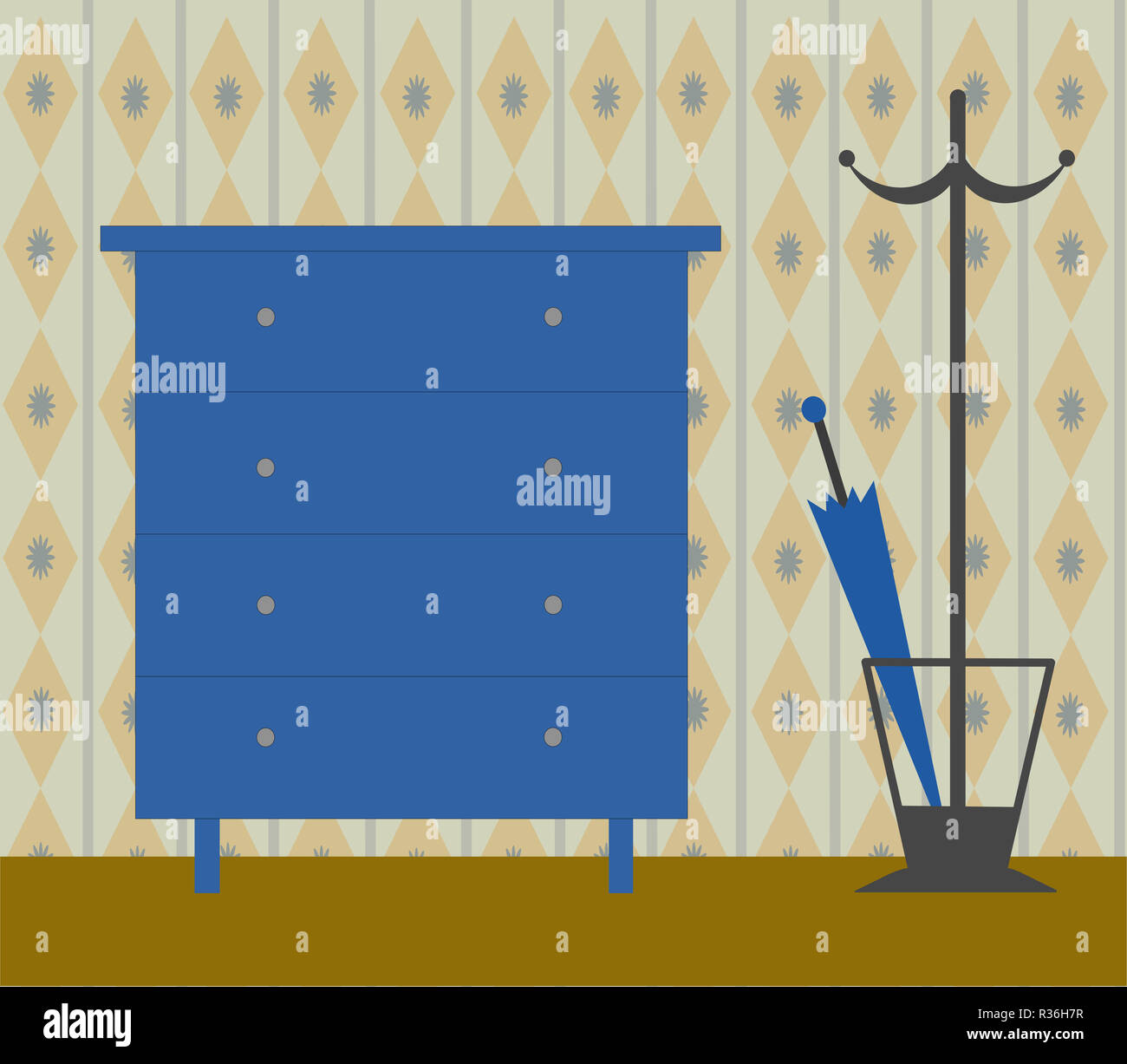A navy blue chest of drawers with a coat rack Stock Photo Alamy