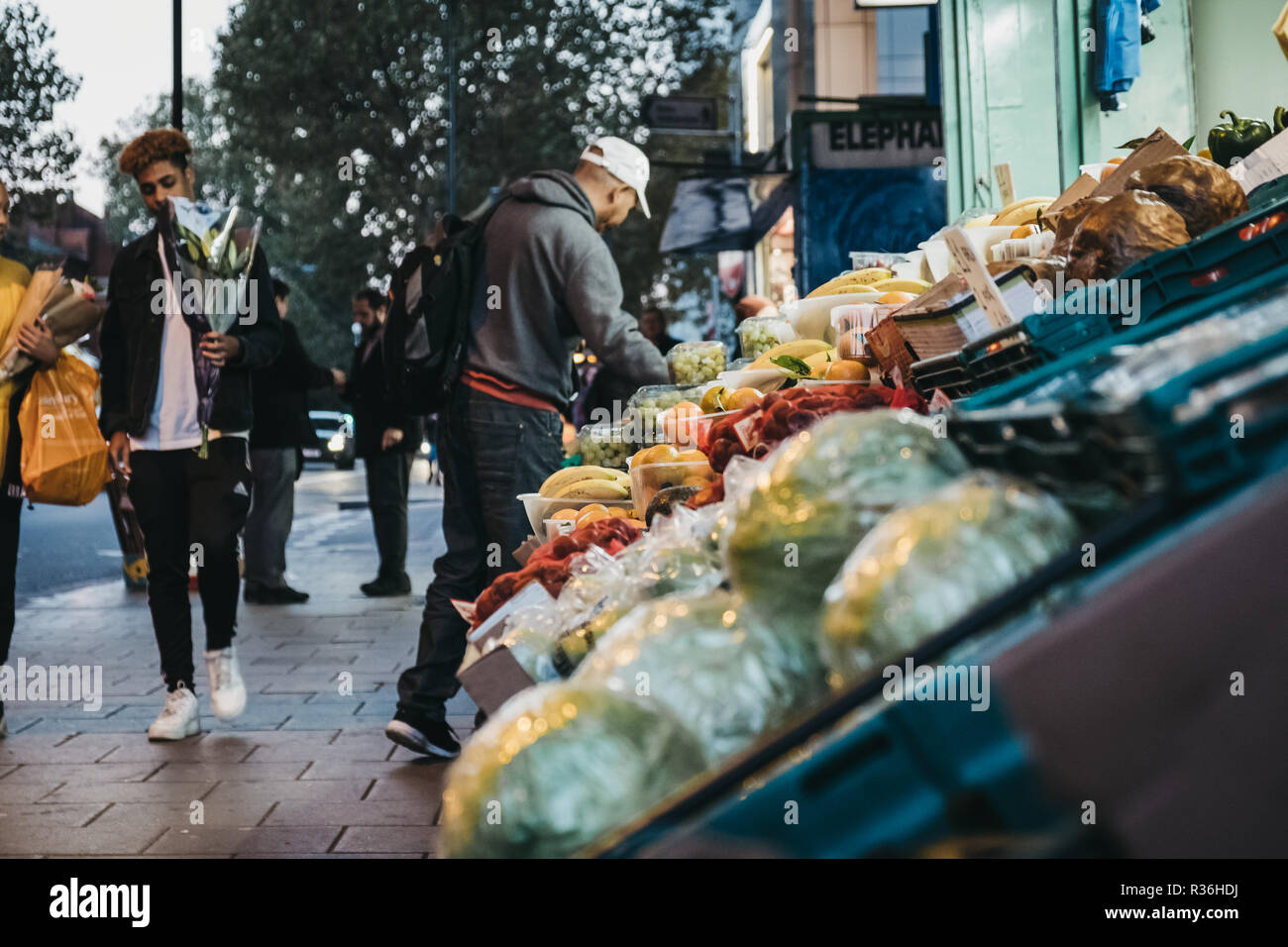 London, UK - November 02, 2018: Fresh fruits and vegetables on sale at a convenience store in London, UK. These stores are located throughout the city Stock Photo