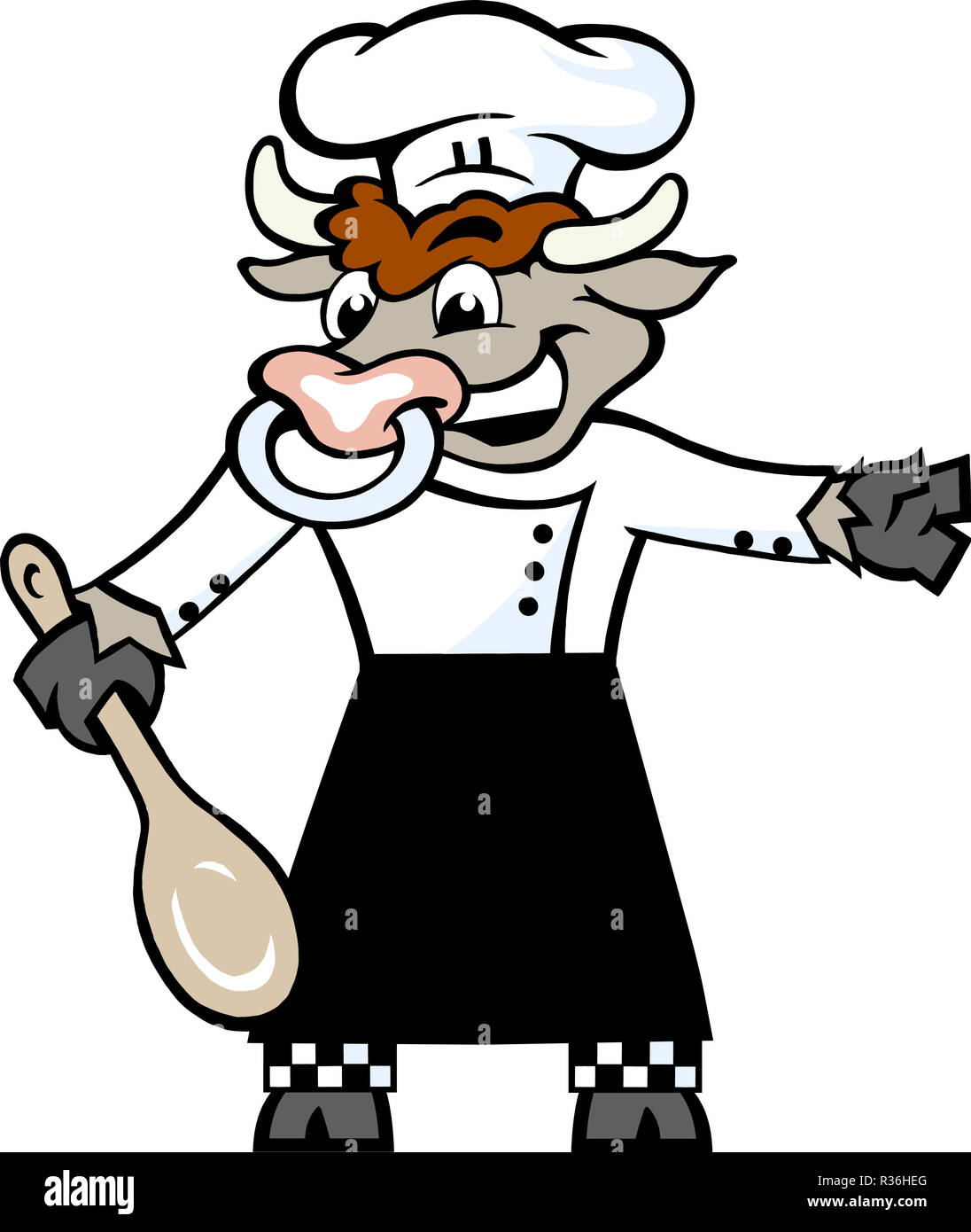 Hand-drawn Vector illustration of an Happy Bull Chef standing and welcome with a spoon in his hove Stock Photo