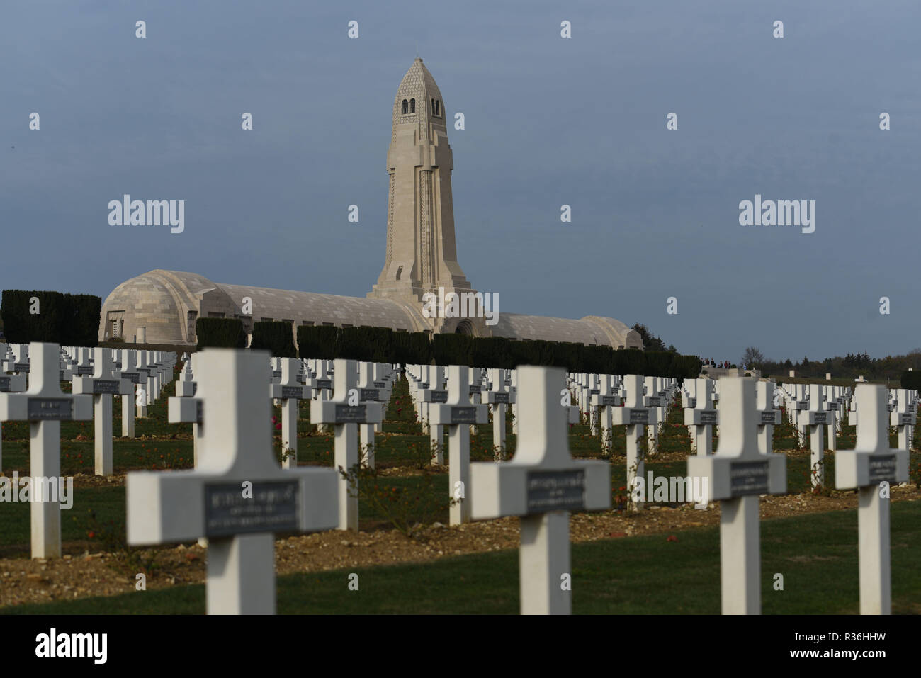 October 20, 2018 - Douaumont, France: The war cemetery monument of Douaumont, which hosts the remains of 130 000 soldiers, both French and German, who took part in the First World War. There are 15 000 crosses outside the monument with the names of French soldiers who died in the vicinity. La necropole et l'ossuaire de Douaumont, un monument imposant a la memoire des soldats ayant participe a la bataille de Verdun durant la Premiere Guerre mondiale. *** FRANCE OUT / NO SALES TO FRENCH MEDIA *** Stock Photo