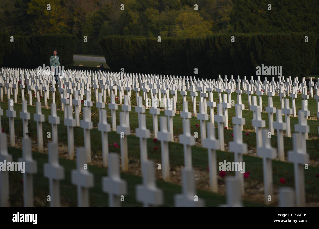 October 20, 2018 - Douaumont, France: The war cemetery monument of Douaumont, which hosts the remains of 130 000 soldiers, both French and German, who took part in the First World War. There are 15 000 crosses outside the monument with the names of French soldiers who died in the vicinity. La necropole et l'ossuaire de Douaumont, un monument imposant a la memoire des soldats ayant participe a la bataille de Verdun durant la Premiere Guerre mondiale. *** FRANCE OUT / NO SALES TO FRENCH MEDIA *** Stock Photo