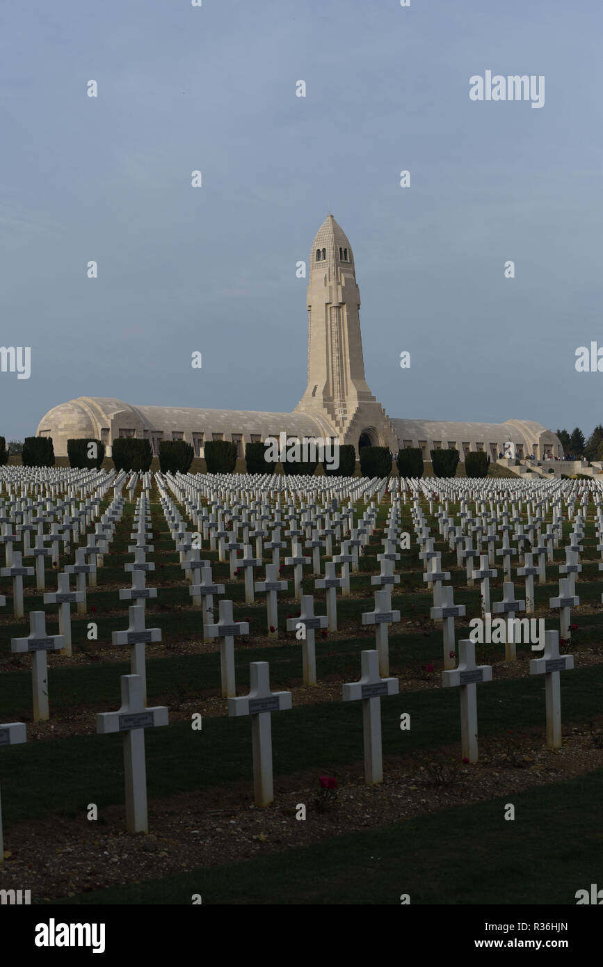 October 20, 2018 - Douaumont, France: The war cemetery monument of Douaumont, which hosts the remains of 130 000 soldiers, both French and German, who took part in the First World War. There are 15 000 crosses outside the monument with the names of French soldiers who died in the vicinity. La necropole et l'ossuaire de Douaumont, un monument imposant a la memoire des soldats ayant participe a la bataille de Verdun durant la Premiere Guerre mondiale. *** FRANCE OUT / NO SALES TO FRENCH MEDIA *** Stock Photo